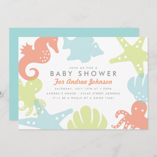 Uitnodiging tot het Baby shower van Cute Ocean Cri (Voorkant / Achterkant)