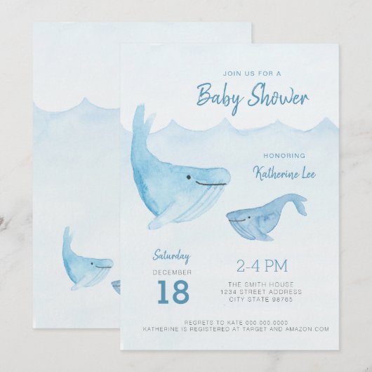 Uitnodiging tot het Baby shower van de walvisvaart (Voorkant / Achterkant)