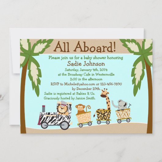 Uitnodiging tot het Baby shower van dierentreinen (Voorkant)
