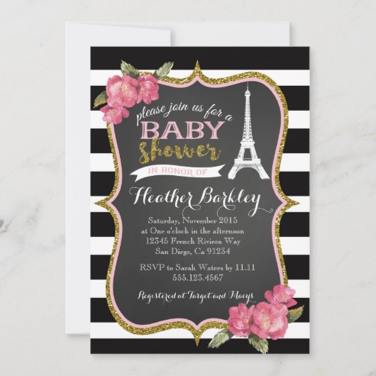 Uitnodiging tot het Baby shower van Eiffeltoren in (Voorkant)