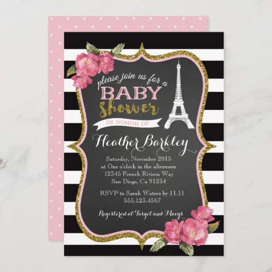 Uitnodiging tot het Baby shower van Eiffeltoren in (Voorkant / Achterkant)