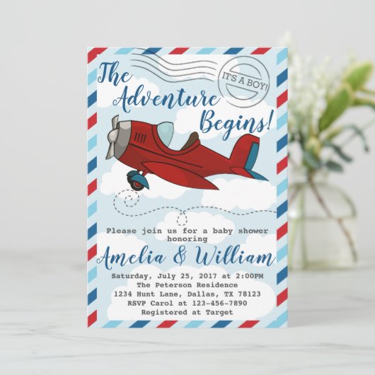 Uitnodiging tot het Baby shower van het vliegtuig (Staand voorkant)