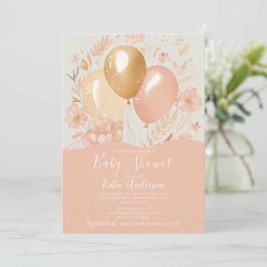Uitnodiging tot het Baby shower van Kute Peach-bal (Staand voorkant)