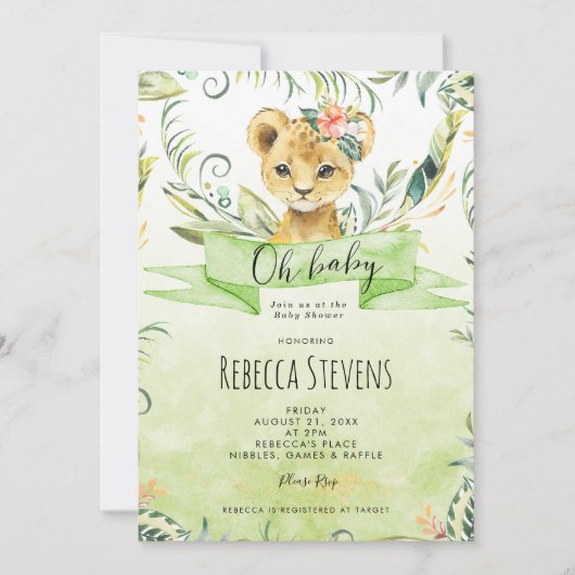 Uitnodiging tot het baby shower van Lion cub tropi (Voorkant)