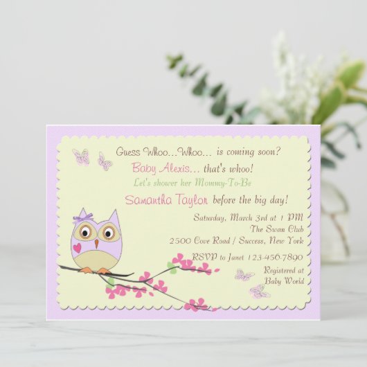 Uitnodiging tot het Baby shower van Owl en Butterf (Staand voorkant)