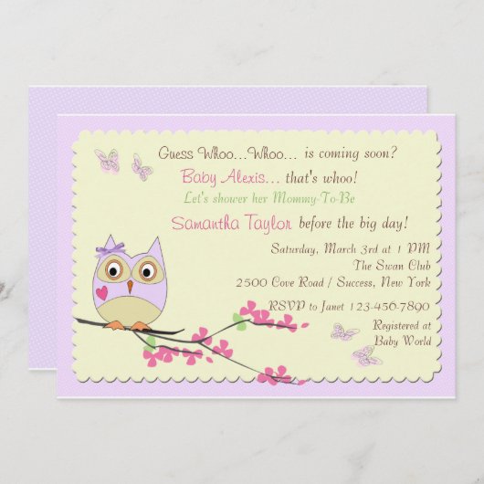 Uitnodiging tot het Baby shower van Owl en Butterf (Voorkant / Achterkant)