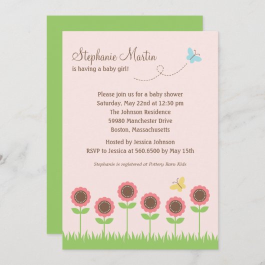 Uitnodiging tot het Baby shower van Precious Bloom (Voorkant / Achterkant)