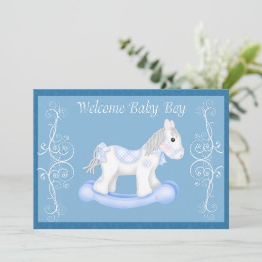 Uitnodiging tot het Baby shower van Rocking Horse (Staand voorkant)