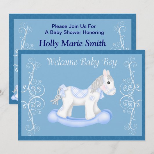 Uitnodiging tot het Baby shower van Rocking Horse  (Voorkant / Achterkant)
