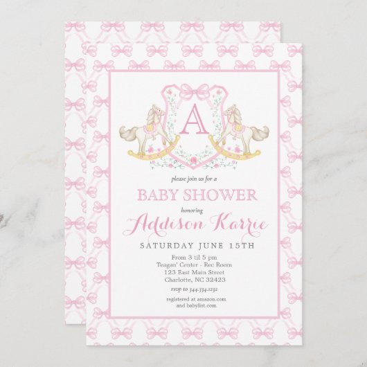 Uitnodiging tot het Baby shower van Rocking Horse (Voorkant / Achterkant)