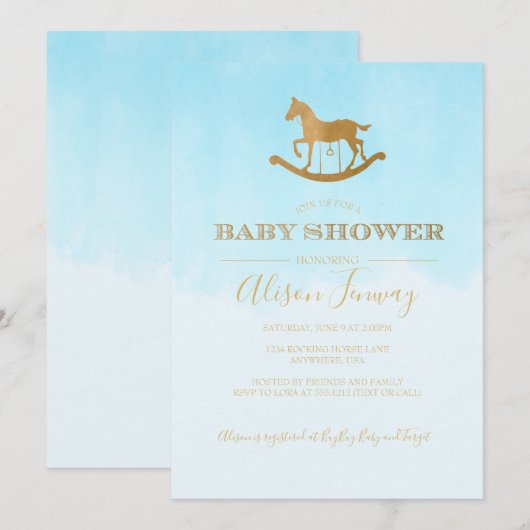 Uitnodiging tot het Baby shower van Rocking Horse (Voorkant / Achterkant)