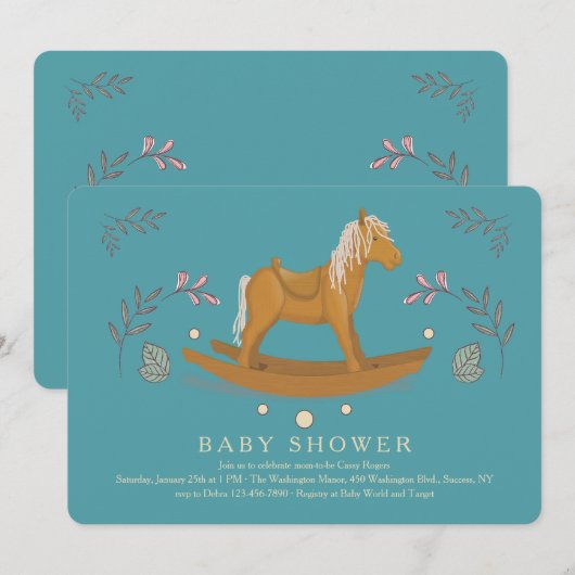 Uitnodiging tot het Baby shower van Rocking Horse (Voorkant / Achterkant)