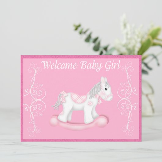 Uitnodiging tot het Baby shower van Rocking Horse  (Staand voorkant)