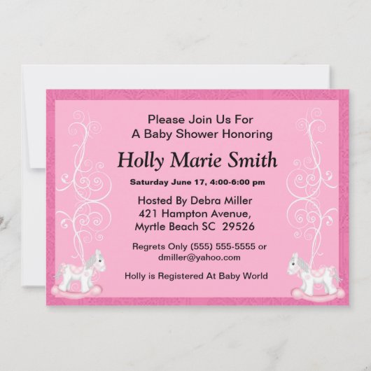 Uitnodiging tot het Baby shower van Rocking Horse  (Achterkant)