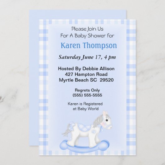 Uitnodiging tot het Baby shower van Rocking Horse (Voorkant / Achterkant)