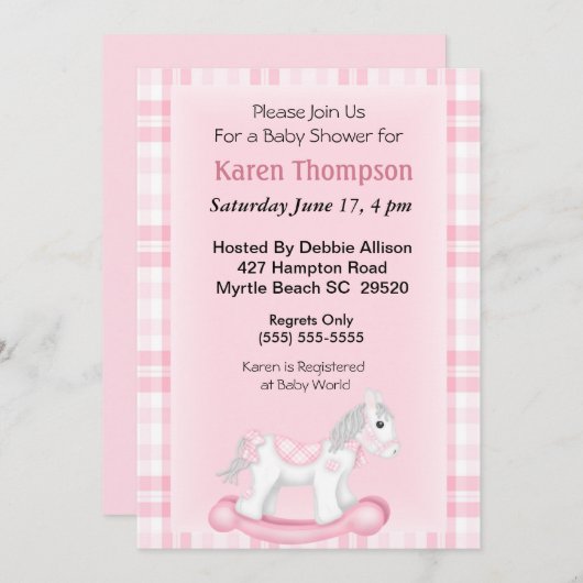 Uitnodiging tot het Baby shower van Rocking Horse (Voorkant / Achterkant)