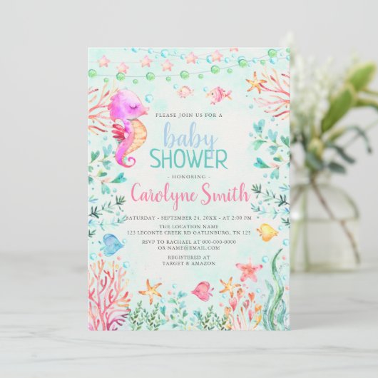 Uitnodiging tot het Baby shower van Seahorse (Staand voorkant)