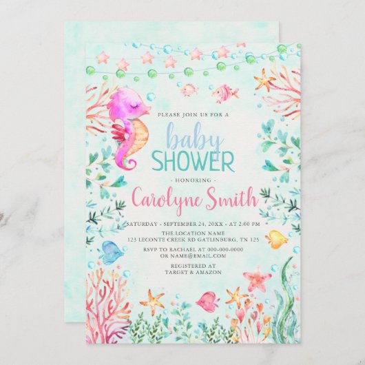 Uitnodiging tot het Baby shower van Seahorse (Voorkant / Achterkant)