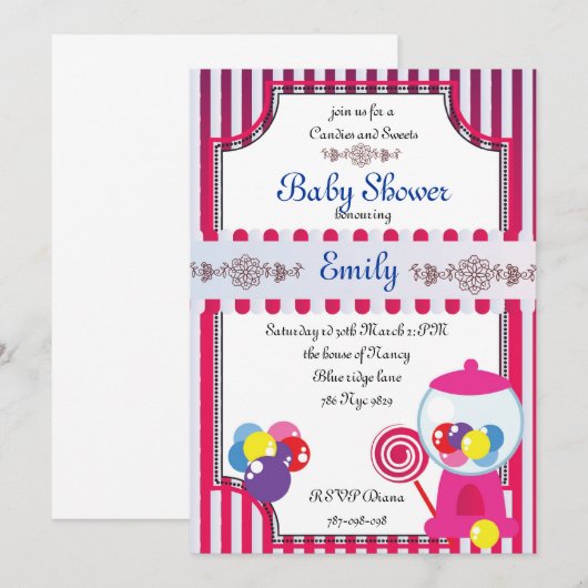 Uitnodiging tot het Baby shower van snoepjes (Voorkant / Achterkant)