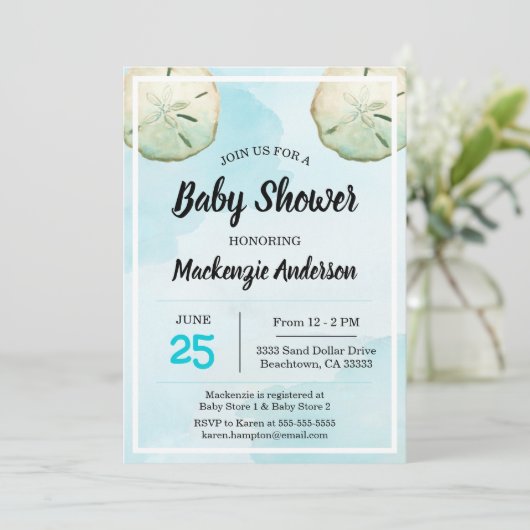 Uitnodiging tot het Baby shower van strand van San (Staand voorkant)