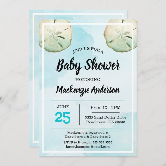 Uitnodiging tot het Baby shower van strand van San (Voorkant / Achterkant)