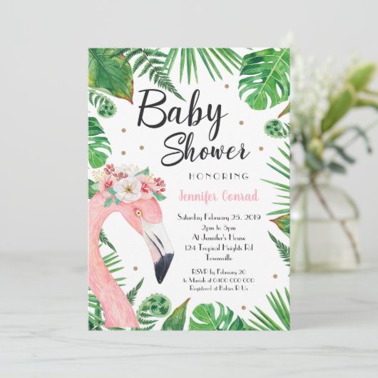 Uitnodiging tot het Baby shower van Tropical Flami (Staand voorkant)