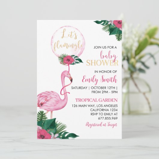 Uitnodiging tot het Baby shower van Tropical Flami (Staand voorkant)