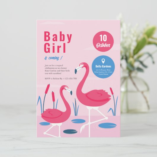 Uitnodiging tot het Baby shower van Tropical Flami (Staand voorkant)