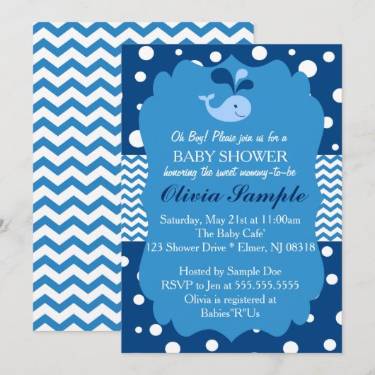 Uitnodiging tot het Baby shower van walvissen, Nau (Voorkant / Achterkant)