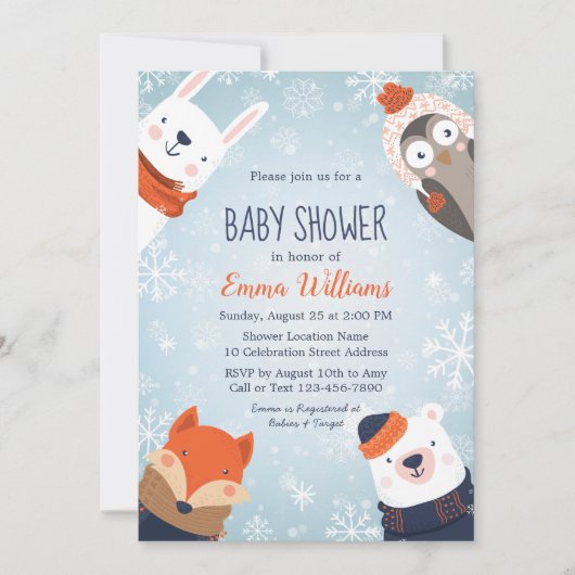 Uitnodiging tot het Baby shower van winterdieren - (Voorkant)