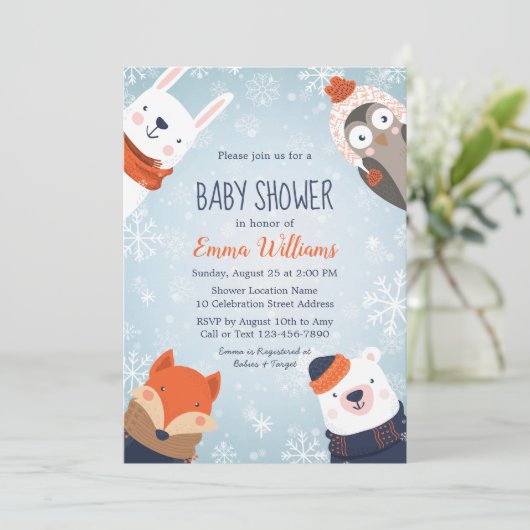 Uitnodiging tot het Baby shower van winterdieren - (Staand voorkant)
