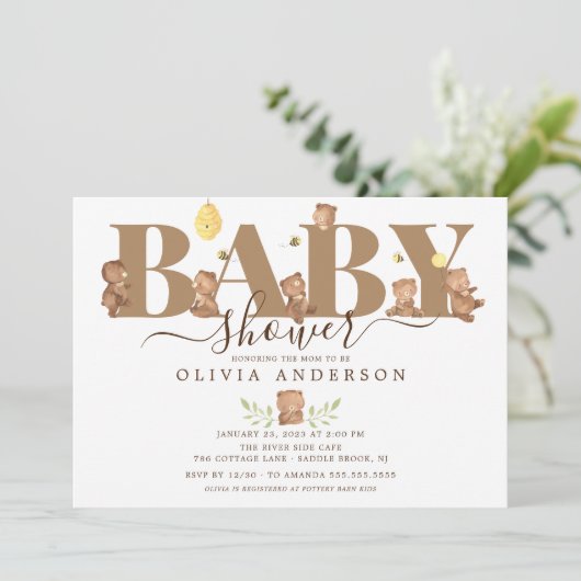Uitnodiging tot het Beer van Cute Honey Baby showe (Staand voorkant)