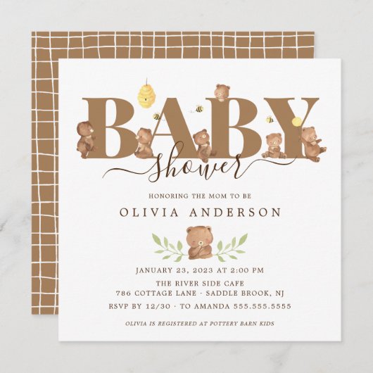 Uitnodiging tot het Beer van Cute Honey Baby showe (Voorkant / Achterkant)