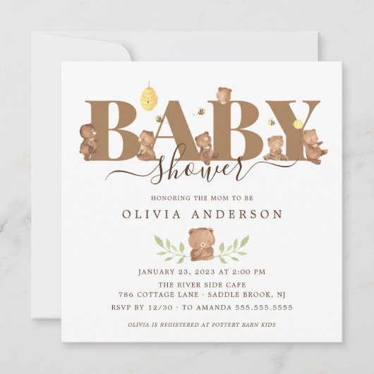 Uitnodiging tot het Beer van Cute Honey Baby showe (Voorkant)
