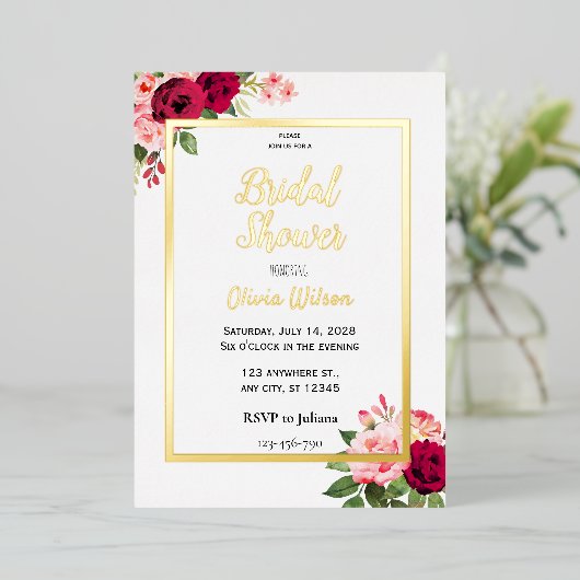 Uitnodiging tot het douchen van goudfolie met brid (Staand Voorkant)