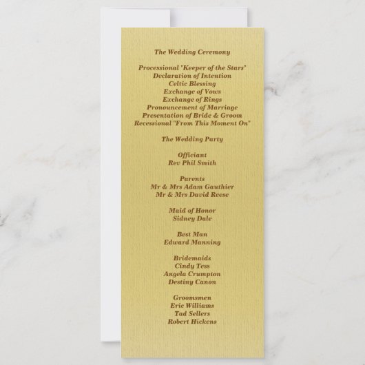 Uitnodiging tot het Gold Masquerade Wedding Progra (Achterkant)