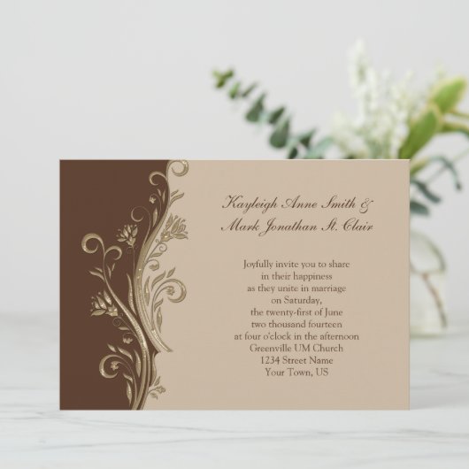 uitnodiging tot het huwelijk in bruine Tan Gold S (Staand voorkant)