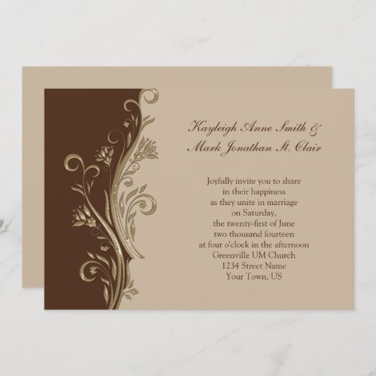 uitnodiging tot het huwelijk in bruine Tan Gold S (Voorkant / Achterkant)