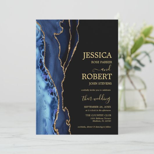 uitnodiging tot het huwelijk in Navy Blue Gold Aga (Staand voorkant)