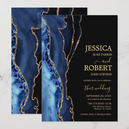 uitnodiging tot het huwelijk in Navy Blue Gold Aga (Voorkant / Achterkant)