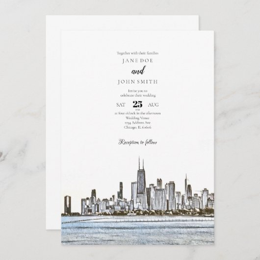 Uitnodiging tot het huwelijk van Chicago Skyline (Voorkant / Achterkant)