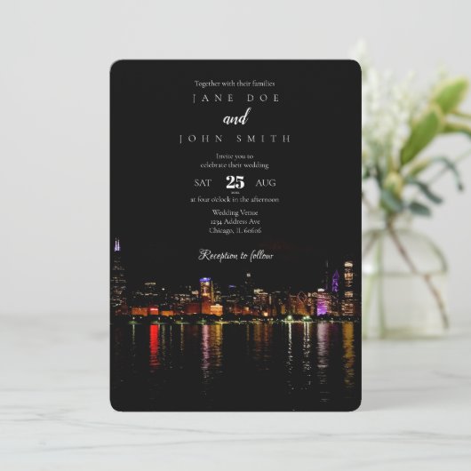 Uitnodiging tot het huwelijk van Chicago Skyline (Staand voorkant)