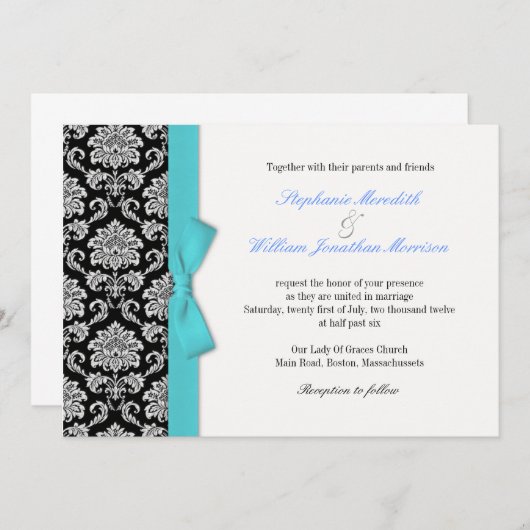 Uitnodiging tot het huwelijk van Damasblauw (Voorkant / Achterkant)