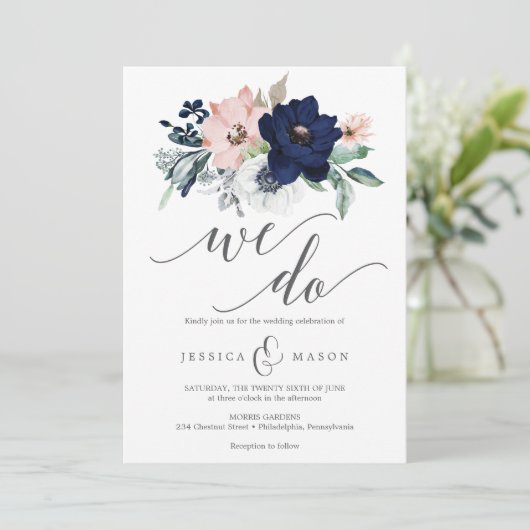 uitnodiging tot het huwelijk van Navy Blooms (Staand voorkant)