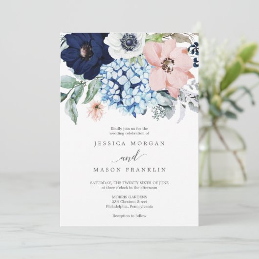 uitnodiging tot het huwelijk van Navy Blooms (Staand voorkant)