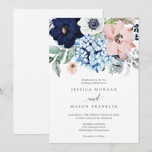 uitnodiging tot het huwelijk van Navy Blooms (Voorkant / Achterkant)