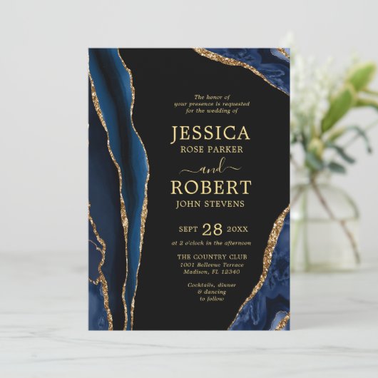 uitnodiging tot het huwelijk van Navy Gold Agate S (Staand voorkant)