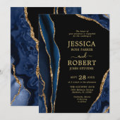 uitnodiging tot het huwelijk van Navy Gold Agate S (Voorkant / Achterkant)