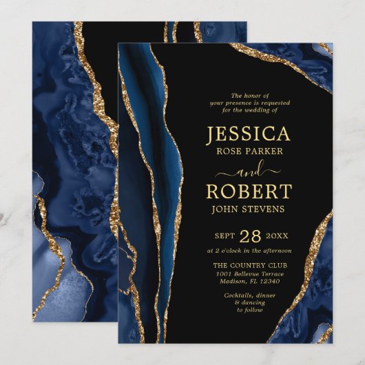 uitnodiging tot het huwelijk van Navy Gold Agate S (Voorkant / Achterkant)