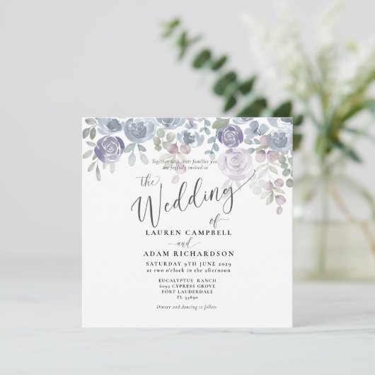 Uitnodiging tot het huwelijk van Rustic Floral Blu (Staand voorkant)